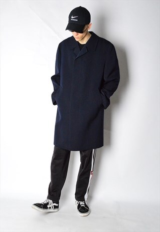 VINTAGE 60S NAVY BLUE WOOL BLEND TRENCH COAT