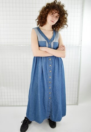 VINTAGE 90S DENIM MIDI PINAFORE DRESS WITH GINGHAM DETAIL