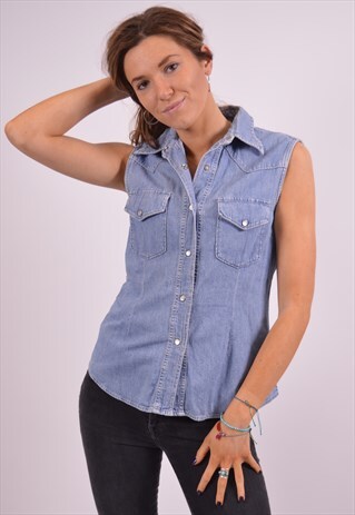 VINTAGE REPLAY DENIM SHIRT SLEEVELESS BLUE