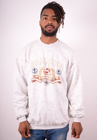 MENS VINTAGE MALLORCA SWEATSHIRT JUMPER LARGE WHITE 90S