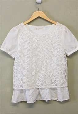 Vintage Y2K Ruffle Lace Top White Short Sleeve 