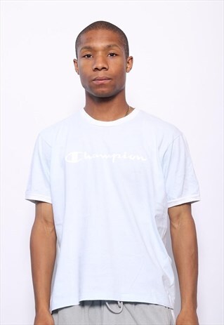 VINTAGE CHAMPION BIG LOGO SPELLOUT T-SHIRT LIGHT BLUE