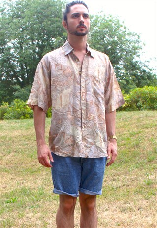 VINTAGE 80S ART NERD SILK SHIRT LRG FESTIVAL ABSTRACT AZTEC