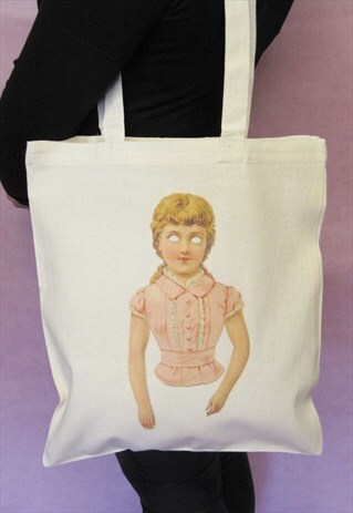 TOTE BAG IN NATURAL CANVAS IN CREEPY PINK LADY DOLL PRINT