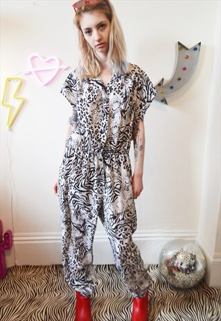 VINTAGE 80'S ANIMAL ZEBRA LEOPARD PRINT JUMPSUIT