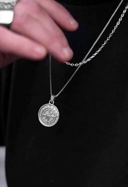 54 Floral 22" Compass Pendant Necklace Chain - Silver