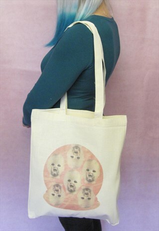 TOTE BAG IN NATURAL CANVAS IN CREEPY PINK LADY DOLL PRINT