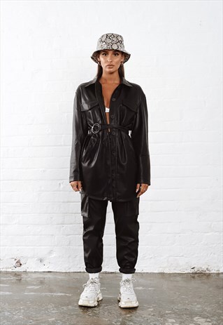 BLACK FAUX LEATHER OVERSIZED SHIRT WITH BUCKLE BELT DETAIL