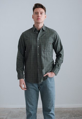 VINTAGE 90S GREEN CHECK TRUSSARDI LONG SLEEVE SHIRT L