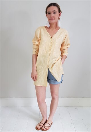 VINTAGE 90'S CREAM BUTTON DOWN EMBROIDERED TUNIC TOP