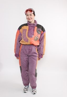 80s one piece ski suit, vintage multicolor snowsuit, retro