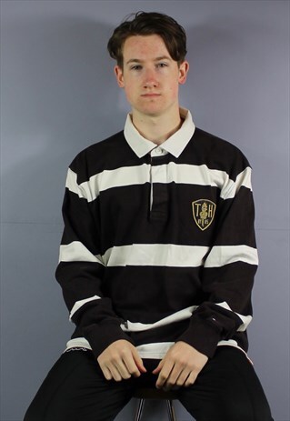 VINTAGE TOMMY HILFIGER RUGBY POLO SHIRT IN BROWN AND WHITE