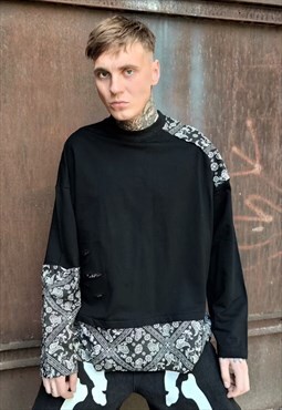 Paisley sweatshirt reworked stitched rip bandana top black