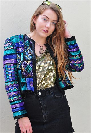 VINTAGE SEQUINED BEADED LUXE SILK FESTIVAL BOX JACKET
