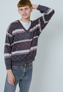 Vintage Relaxed Fit V-Neck Cotton Sweater in Multi Knit XS