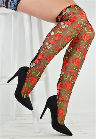 WOMENS BLACK FLORAL OVER THE KNEE STILETTO BOOTS SHOES