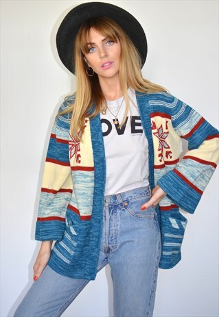 VINTAGE 70S OVERSIZE BLUE RED & YELLOW CARDIGAN