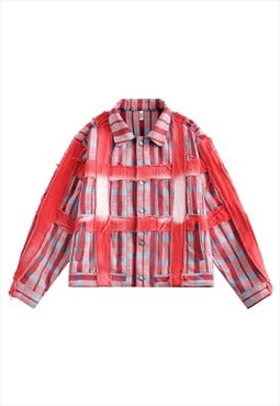 Reworked denim jacket vintage check punk jean bomber in red
