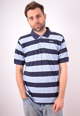 ASICS MENS VINTAGE POLO SHIRT LARGE BLUE STRIPES 90S
