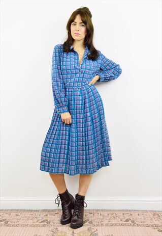 VINTAGE 80S TEAL CHECKED PRINT LONG SLEEVED MIDI DRESS