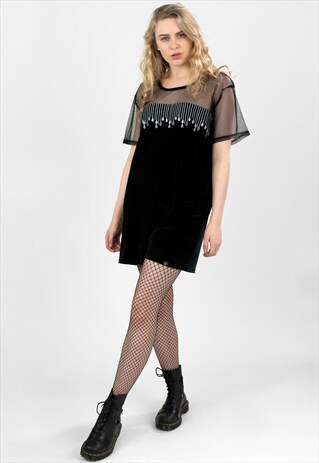 'RAINBOW BLUES' EMBROIDERED MESH & VELVET T-SHIRT DRESS