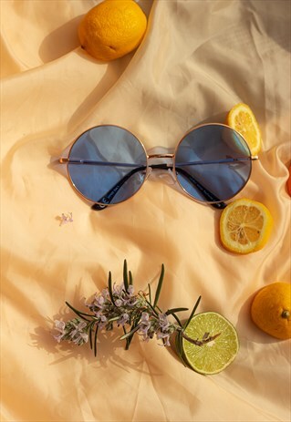 BLUE OVERSIZED ROUND CIRCLE WIRE FRAME SUNGLASSES