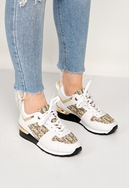 Hugo Patterned Fabric Lace-Up Trainer in White