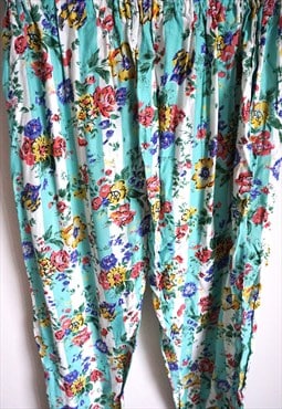 Vintage Fluffy Pants High waist Blue Hippie Flowers Summer