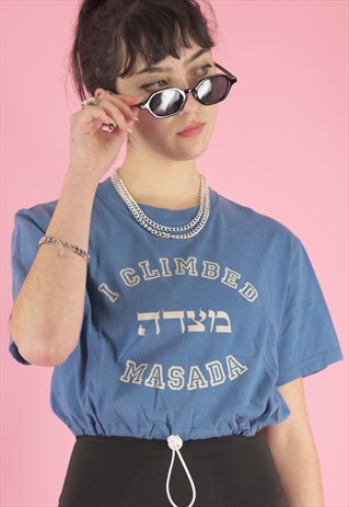 VINTAGE REWORKED CROP TOP IN BLUE WITH MASADA PRINT
