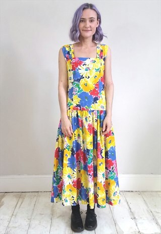 VINTAGE 90'S VIBRANT FLORAL GATHERED STRAP DRESS