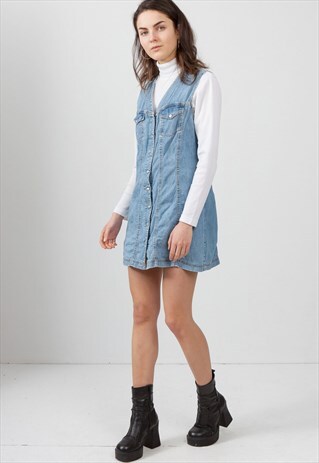VINTAGE BLUE CAMERA SLEEVELESS DENIM MINI DRESS