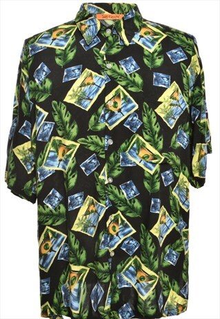 BEYOND RETRO VINTAGE BLACK GRAPHIC LEAFY PRINT HAWAIIAN SHIR