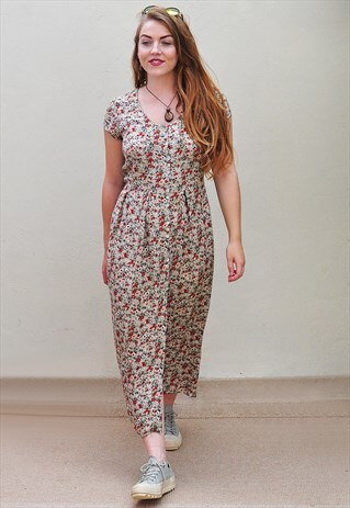 VINTAGE 90S GREEN FLORAL PATTERN BUTTON FRONT TEA DRESS