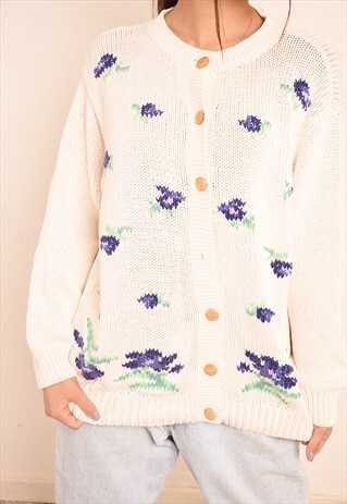 90'S RETRO NEUTRAL FLORAL PATTERN KNIT CARDIGAN