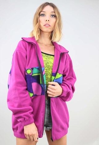 VINTAGE 90S OVERSIZED ZIP UP PINK PATTERNED FESTIVAL FLEECE