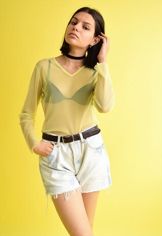 90'S RETRO KITSCH BOHO CITRUS SHEER MESH BLOUSE TOP