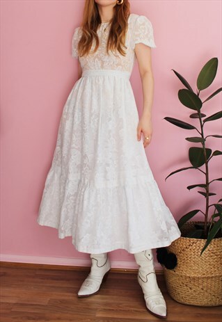 VINTAGE WHITE PUFF SLEEVE MIDI SHEER DRESS