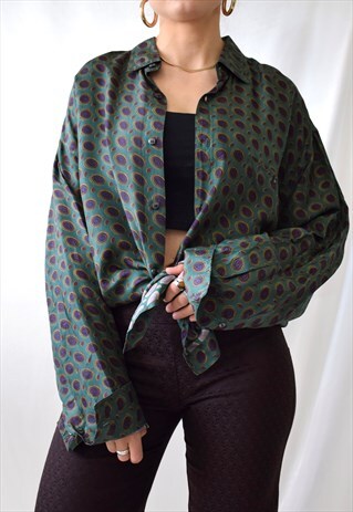 CLASSIC VINTAGE 70S PRINTED GREEN S I L K LARGE MENS SHIRT