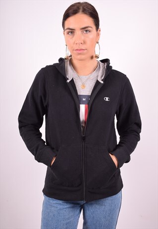 CHAMPION WOMENS VINTAGE HOODIE JACKET LARGE BLACK 90'S