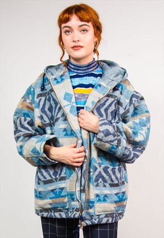 VINTAGE 70'S BLUE AZTEC PATTERN THICK HOOD COAT
