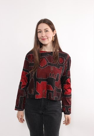 90S ABSTRACT EMBROIDERY PULLOVER BLOUSE, VINTAGE FUNKY TOP