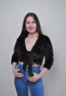Fake fur blouse, 90s party faux fur shirt, vintage rave lace