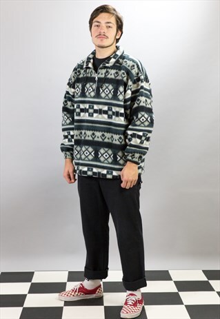 BLACK CRAZY PATTERN SKATER 1/4 ZIP TEDDY FLEECE