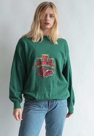 VINTAGE 80S SCOTTISH THEME GREEN JUMPER