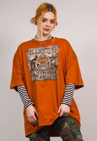 HARLEY-DAVIDSON VINTAGE 90'S ORANGE WESTERN PRINT T-SHIRT