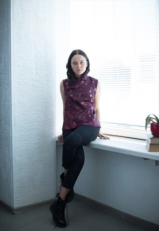 VINTAGE 80'S MAROON CHINESE STYLE HIGH COLLAR VEST