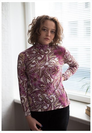 VINTAGE 70'S MULTICOLOR FLOWER PRINT TURTLE NECK JUMPER