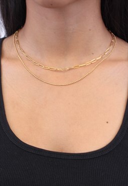 Layered 18k Gold Rectangle Filled Chain Dainty Bead Necklace