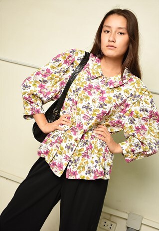VINTAGE 80S RETRO PARIS CHIC FLORAL PRINT BLOUSE TOP