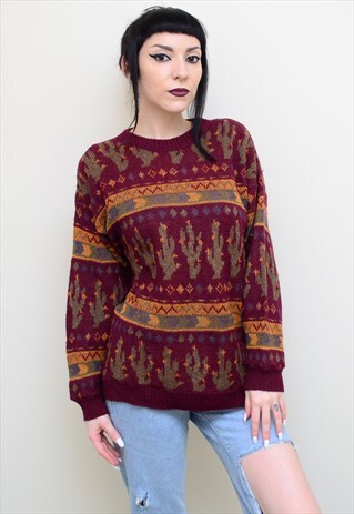 VINTAGE 90'S DESERT CATUS PATTERNED SLOUCHY JUMPER